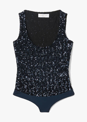 michael kors sequined stretch tulle scoop neck bodysuit