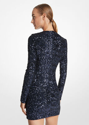 Sequined Stretch Tulle Long-Sleeve Dress