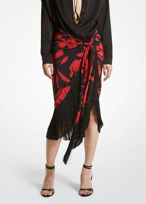Brushstroke Floral Silk Crepe De Chine Fringed Sarong Skirt