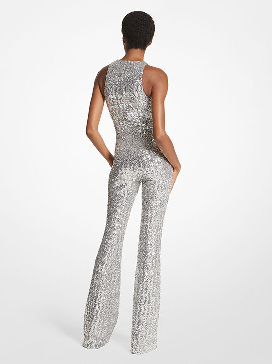 Sequined Stretch Tulle Long-Sleeve Jumpsuit