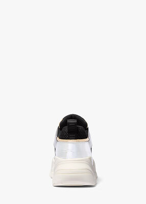 michael kors atlas color block metallic leather and stretch knit trainer