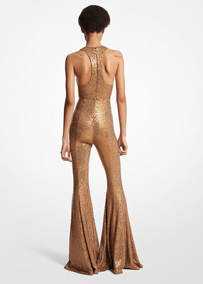 Hand-Embroidered Sequin Stretch Matte Jersey Flared Jumpsuit