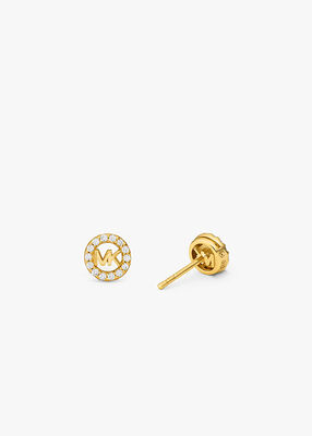 michael kors fulton precious metal plated sterling silver pav logo charm stud earrings