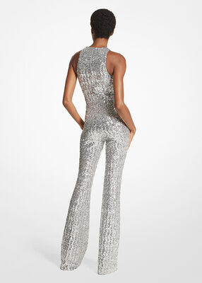 michael kors sequined stretch tulle long sleeve jumpsuit