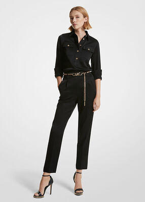 Crepe High-Waist Belted Pants