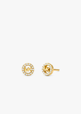 michael kors fulton precious metal plated sterling silver pav logo charm stud earrings