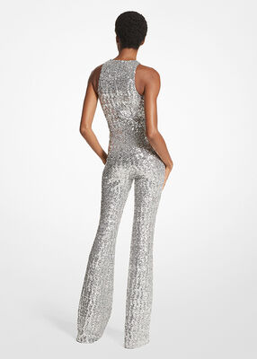 Sequined Stretch Tulle Long-Sleeve Jumpsuit