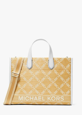 michael kors gigi large empire logo jacquard straw tote bag