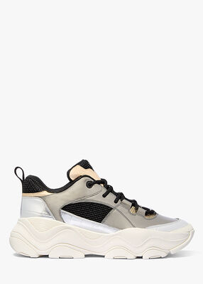 michael kors atlas color block metallic leather and stretch knit trainer