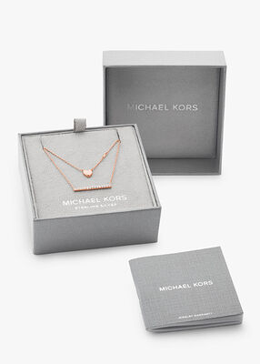 michael kors precious metal plated sterling silver double heart and pav bar necklace