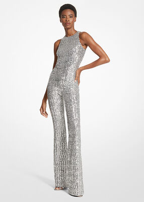 michael kors sequined stretch tulle long sleeve jumpsuit